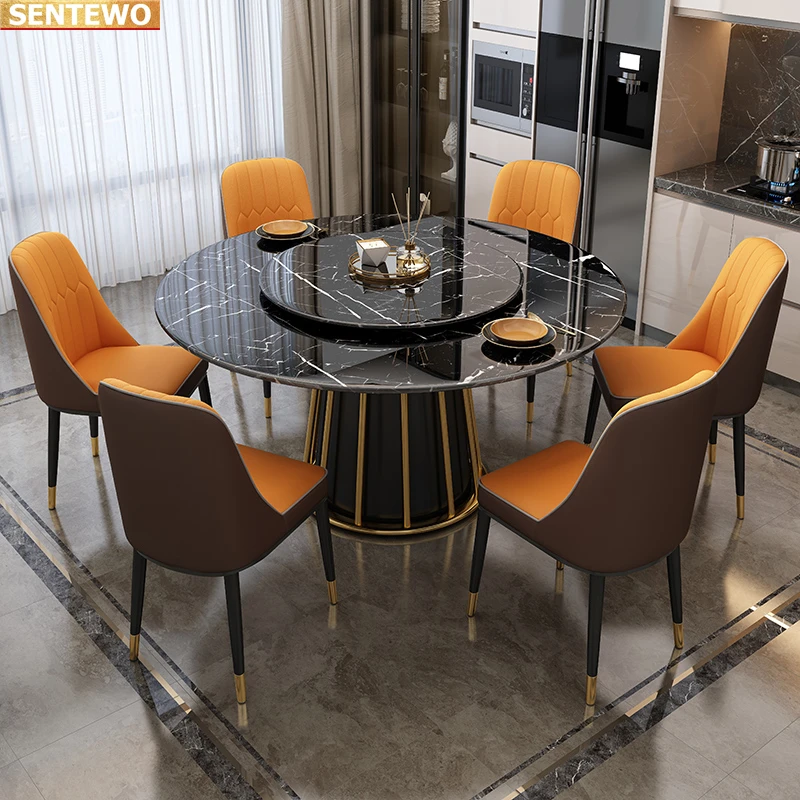 Роскошный дизайнерский круглый обеденный стол из мраморной плиты, обеденный стол с 4 стульями и 6 стульями mesa tisch furniture meuble из нержавеющей стали с золотым основанием . ' - ' . 2