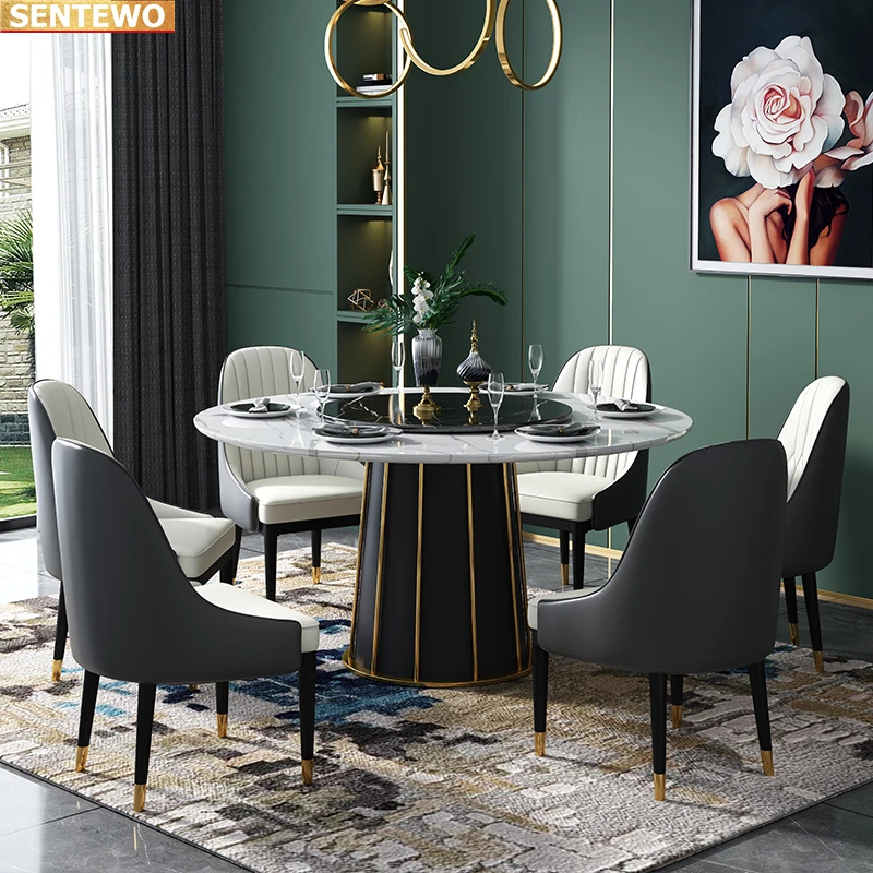Роскошный дизайнерский круглый обеденный стол из мраморной плиты, обеденный стол с 4 стульями и 6 стульями mesa tisch furniture meuble из нержавеющей стали с золотым основанием . ' - ' . 4