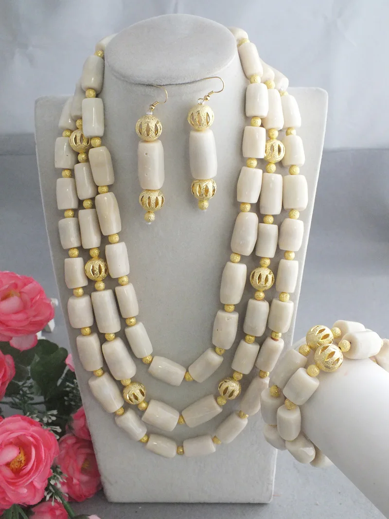 Изысканный модный набор украшений ручной работы из 3 слоев белых коралловых бусин ручной работы в нигерийском стиле . ' - ' . 4