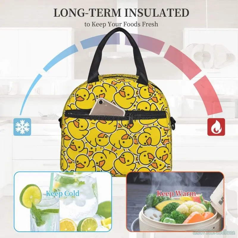 Симпатичная сумка для ланча в виде желтой утки с регулируемым плечевым ремнем, изолированный ланч-бокс, термосумка-холодильник, многоразовая сумка-тоут для женщин и мужчин . ' - ' . 3