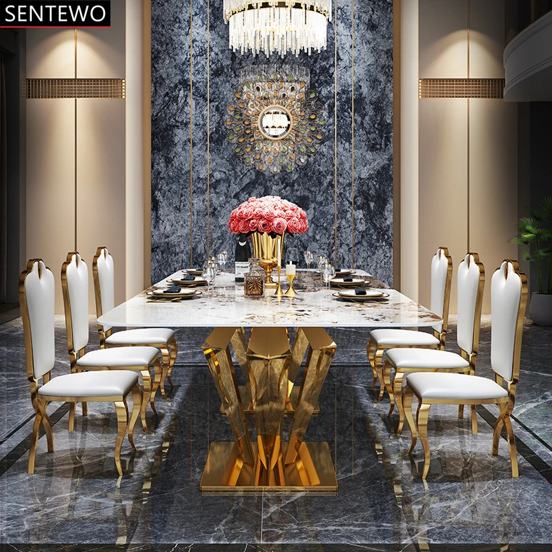 Роскошный кухонный обеденный стол из каменной плиты и 8 стульев с золотой основой из нержавеющей стали, стол из искусственного мрамора, Мебель Mesa Escritorio . ' - ' . 3