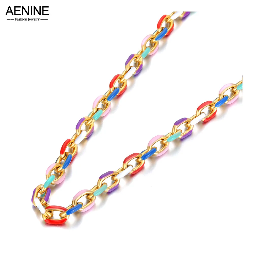 Ожерелья-цепочки из нержавеющей стали AENINE, модное ожерелье-шарм из 18-каратного золота с разноцветной глазурью, бесплатная доставка AN22045 . ' - ' . 0