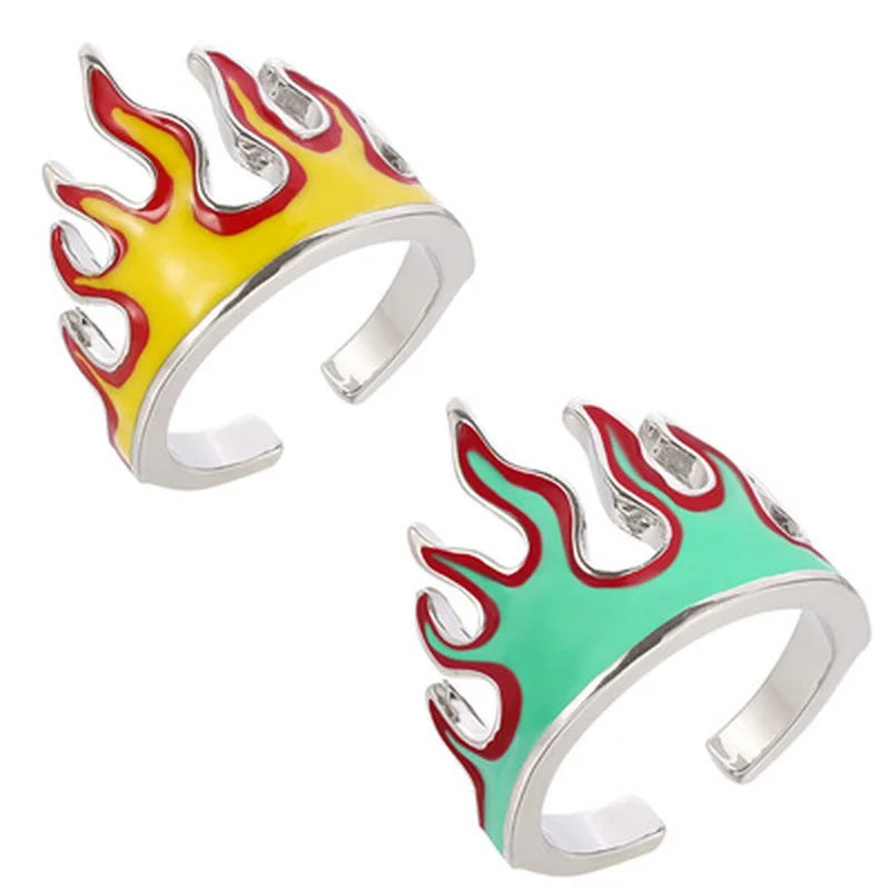 Желто-зеленое кольцо с огненным пламенем для мужчин и женщин, модное крутое креативное открывающее кольцо, подарки для вечеринок, ювелирные аксессуары . ' - ' . 0