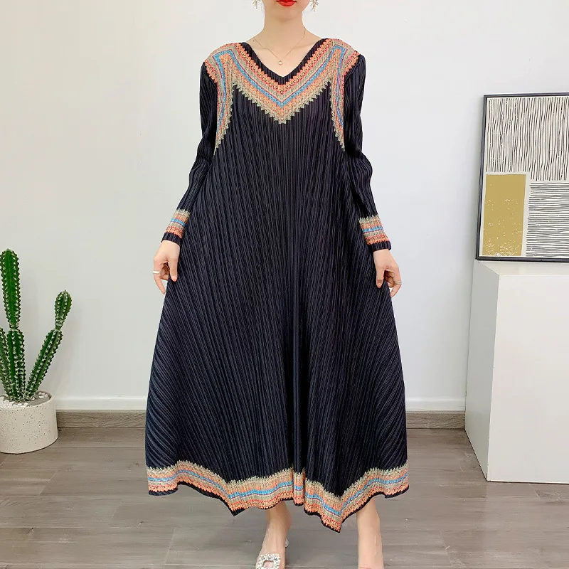 Свободное плиссированное платье Miyake контрастного цвета с длинным рукавом, миди-платья для женщин 2023, Новая женская одежда для вечеринок, лето . ' - ' . 3