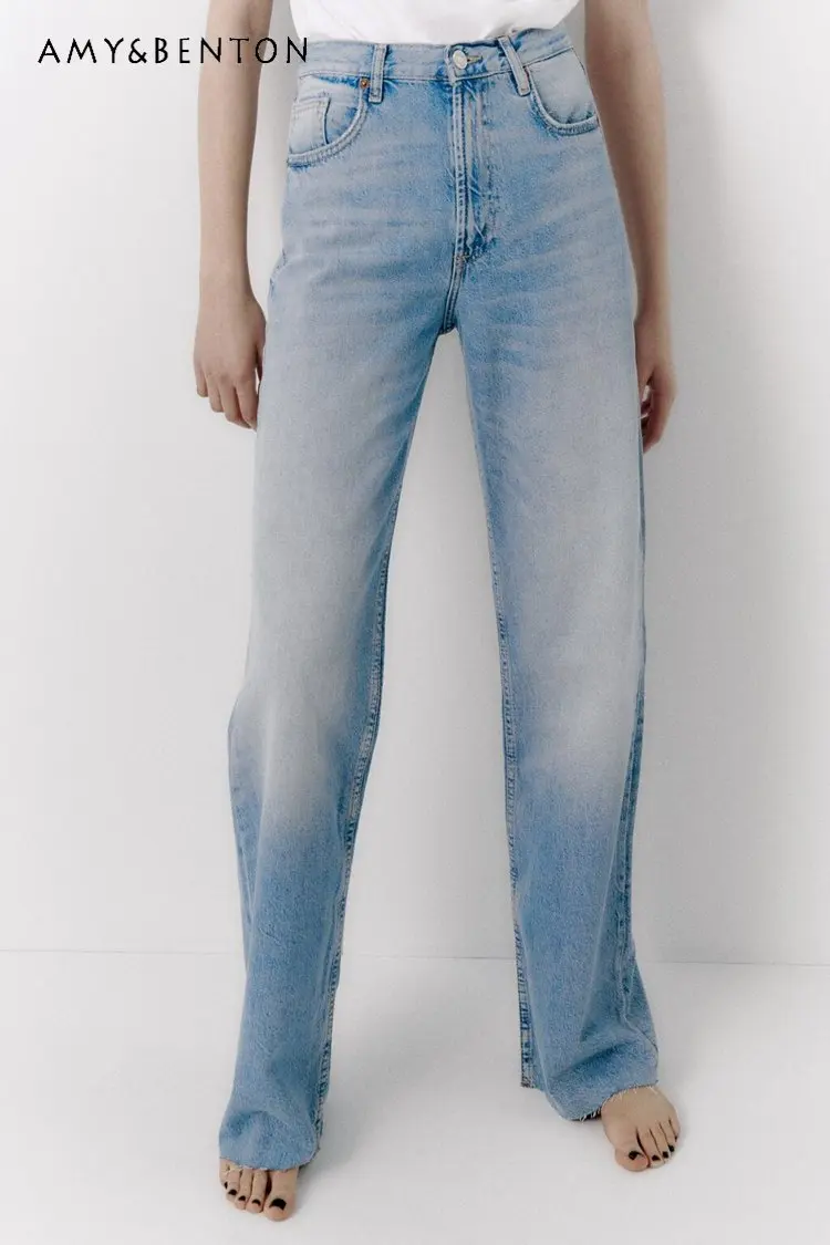 Европейская и американская женская одежда, весенние Новые джинсовые брюки в уличном стиле, универсальные повседневные джинсы с высокой талией и широкими штанинами . ' - ' . 0