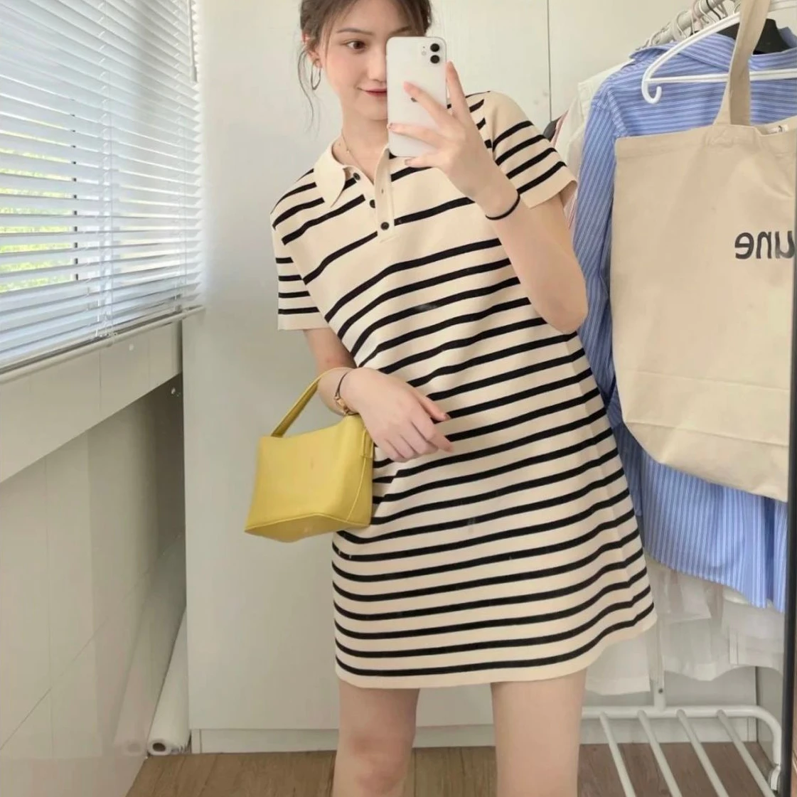 Женское полосатое летнее студенческое платье в полоску с отложным воротником длиной до колен, прямое платье в корейском стиле Харадзюку, шикарное ретро-платье в стиле ретро . ' - ' . 3