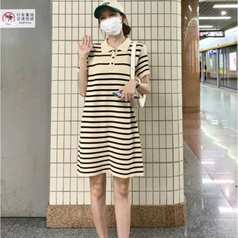 Женское полосатое летнее студенческое платье в полоску с отложным воротником длиной до колен, прямое платье в корейском стиле Харадзюку, шикарное ретро-платье в стиле ретро . ' - ' . 4