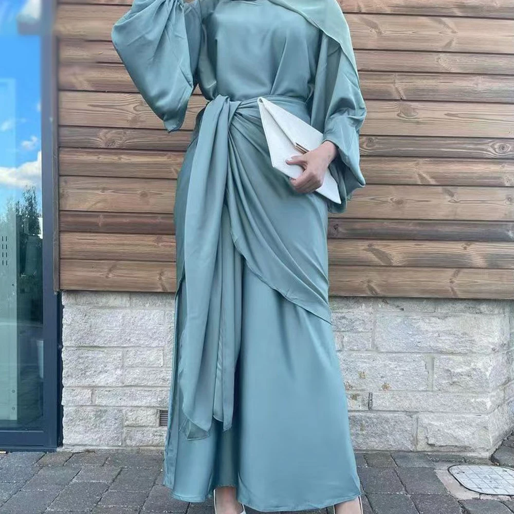 2023 Новый Дубай Абайя Мусульманский Рамадан Вечернее Платье Атласный Комплект из 2 частей Арабские Платья Исламская Одежда для Женщин Eid Скромное Платье . ' - ' . 0