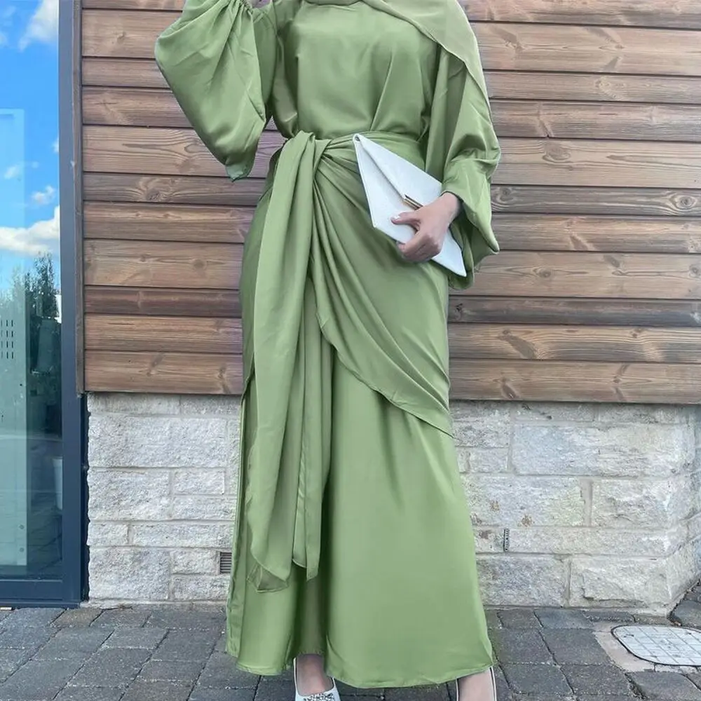 2023 Новый Дубай Абайя Мусульманский Рамадан Вечернее Платье Атласный Комплект из 2 частей Арабские Платья Исламская Одежда для Женщин Eid Скромное Платье . ' - ' . 1