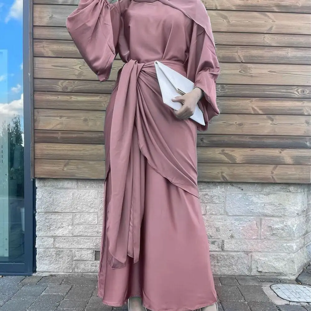 2023 Новый Дубай Абайя Мусульманский Рамадан Вечернее Платье Атласный Комплект из 2 частей Арабские Платья Исламская Одежда для Женщин Eid Скромное Платье . ' - ' . 2