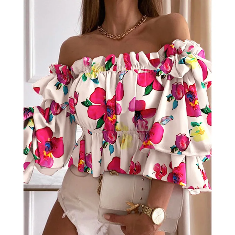 Модный принт, Сексуальная блузка с открытыми плечами, женская Летняя короткая рубашка с рукавом-бабочкой, женские Элегантные топы с вырезом лодочкой, 26429 . ' - ' . 0
