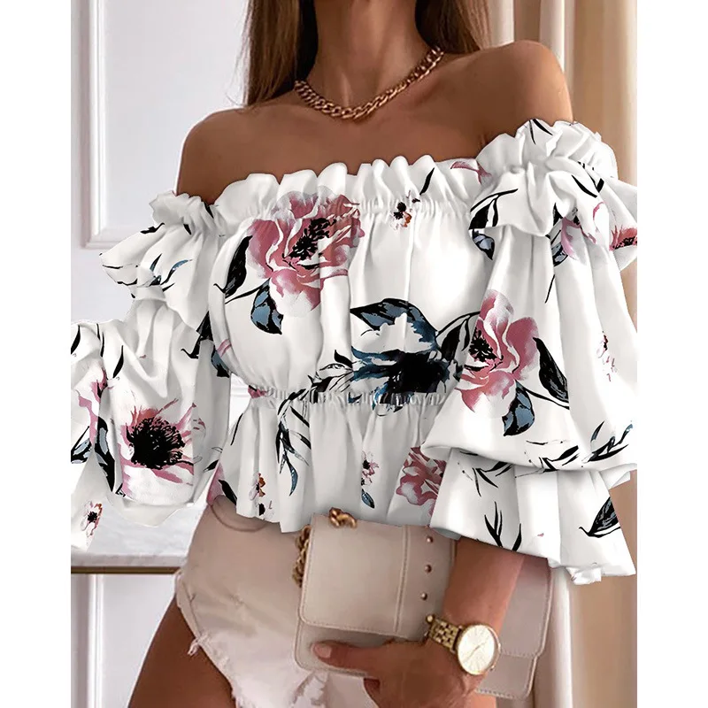 Модный принт, Сексуальная блузка с открытыми плечами, женская Летняя короткая рубашка с рукавом-бабочкой, женские Элегантные топы с вырезом лодочкой, 26429 . ' - ' . 1