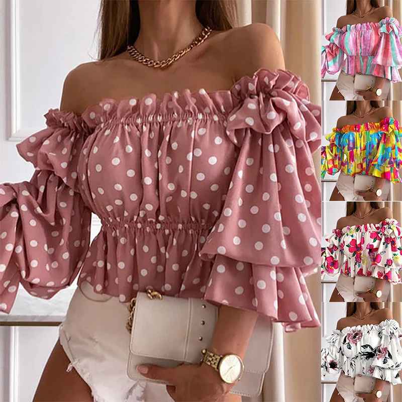 Модный принт, Сексуальная блузка с открытыми плечами, женская Летняя короткая рубашка с рукавом-бабочкой, женские Элегантные топы с вырезом лодочкой, 26429 . ' - ' . 4