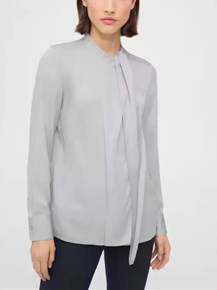 Женская шелковая рубашка с бантом и лентой, однотонная универсальная 2023, весна-лето, однобортная офисная женская блузка с длинным рукавом . ' - ' . 0