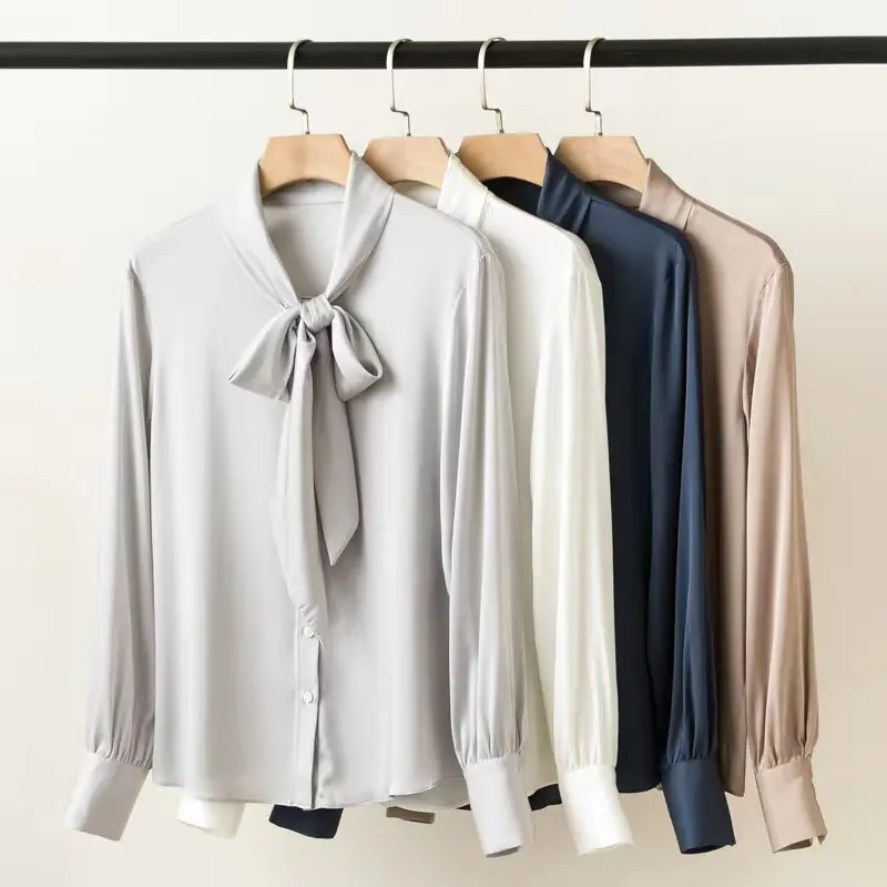 Женская шелковая рубашка с бантом и лентой, однотонная универсальная 2023, весна-лето, однобортная офисная женская блузка с длинным рукавом . ' - ' . 1