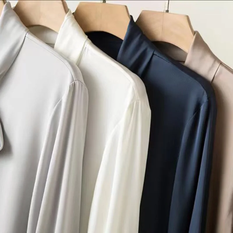 Женская шелковая рубашка с бантом и лентой, однотонная универсальная 2023, весна-лето, однобортная офисная женская блузка с длинным рукавом . ' - ' . 2
