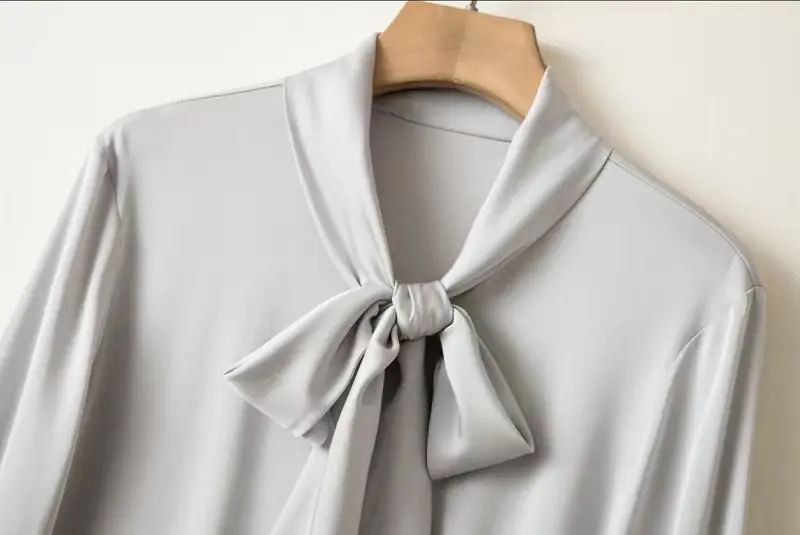 Женская шелковая рубашка с бантом и лентой, однотонная универсальная 2023, весна-лето, однобортная офисная женская блузка с длинным рукавом . ' - ' . 3