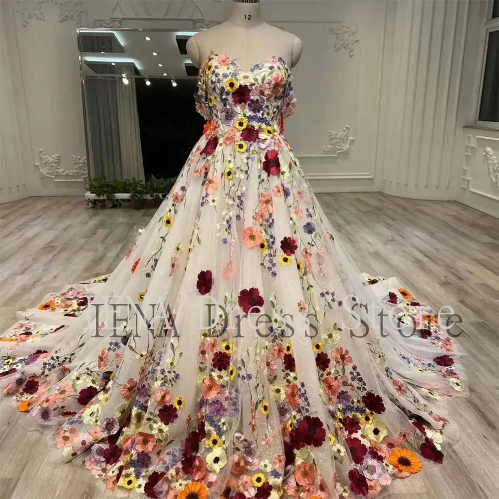 14832 #IENA 3D Цветы На Заказ Бюстгальтер и хвост жаккардовая плавающая вышивка кружевное цветочное представление Платья Невесты Свадебное платье . ' - ' . 3