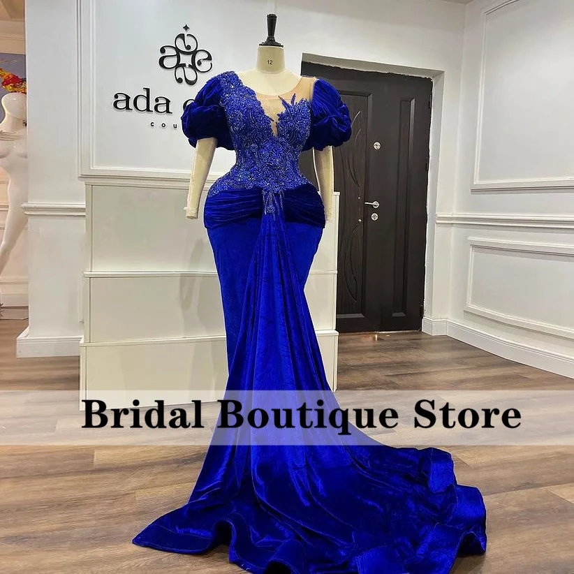 Новое вечернее платье Русалки Королевского синего цвета 2023, Бархатное, расшитое хрустальным бисером, Африканское Свадебное платье для выпускного вечера, Халат De Soirée . ' - ' . 0