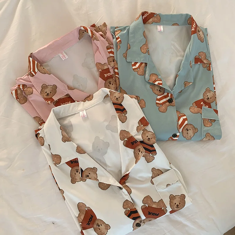 Летняя женская пижама с милым мишкой, пижамные комплекты с коротким рукавом.Хлопчатобумажная Пижама с Отложным Воротником Lady's Girl's Kawaii Home Nightwear . ' - ' . 5