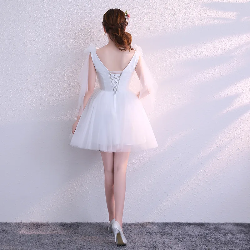 Белое Короткое Вечернее платье Модное С V-образным вырезом И рукавом-майкой С Бантом Robe De Soiree 2023 Новое Милое Простое Бальное платье Большого Размера . ' - ' . 3