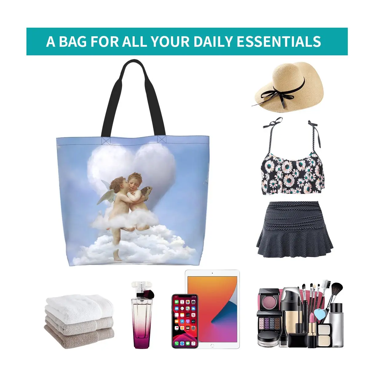 Модная сумка с принтом облаков, поцелуев ангелов, сумка для покупок, Моющаяся холщовая сумка для покупок, сумка в стиле Ренессанс с Херувимом . ' - ' . 5