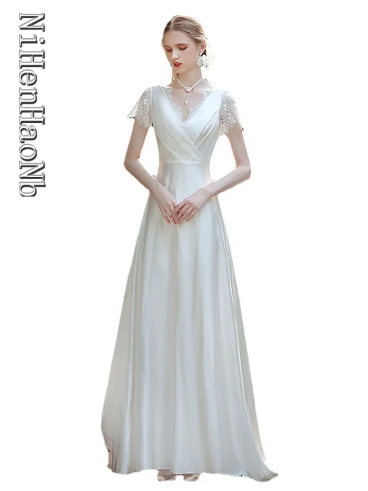 Французские атласные свадебные платья для женщин, длинное свадебное платье трапециевидной формы с V-образным вырезом и коротким рукавом, белое кружевное платье для свадебной вечеринки . ' - ' . 0
