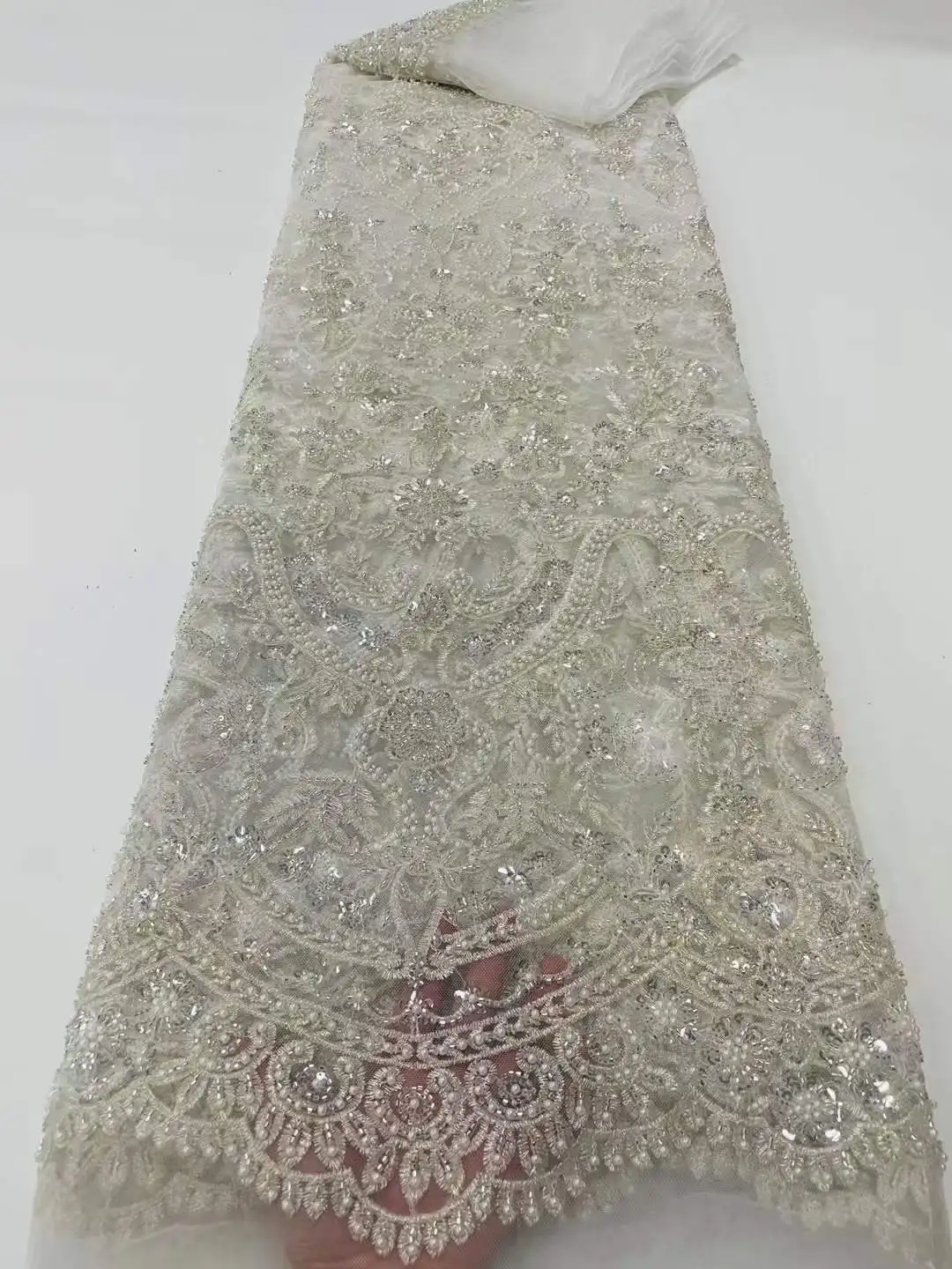 Роскошная высококачественная французская кружевная ткань с бисером 2023, новейшая африканская кружевная ткань с пайетками для пошива свадебных платьев . ' - ' . 4