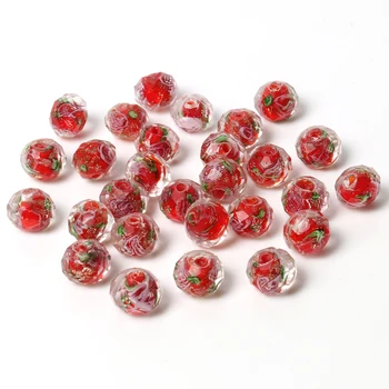 10 мм Муранский Прозрачный Граненый кристалл Rondelle Red Flower Lampwork Стеклянные бусины для изготовления браслетов Женские Аксессуары Diy