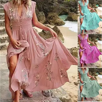 2023 Новая летняя женская одежда с V-образным вырезом, для похудения на талии, Французское пляжное богемное платье с ретро-принтом, Длинная юбка, Длинные платья