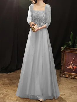 2023 Платья для матери невесты Серебристо-серые Длинные Вечерние платья с короткими рукавами на шнуровке сзади
