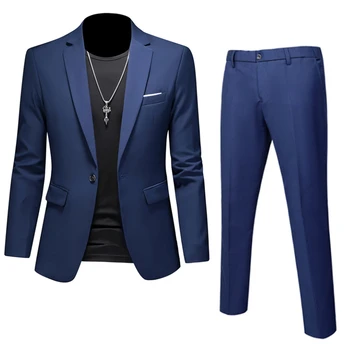 6XL-M (Блейзер + брюки) Высококачественные деловые однотонные приталенные костюмы, комплект из 2 предметов, мужские Свадебные смокинги для жениха, 16 цветов