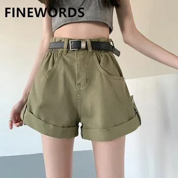 FINEWORDS 2023 Новые Корейские летние шорты Армейского зеленого цвета с эластичной талией, джинсы, женские джинсовые сексуальные шорты с широкими манжетами на штанинах, свободные пляжные шорты