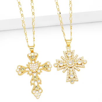 FLOLA Designs, ожерелья с крупными фианитами и крестами для женщин, ожерелья с медным позолоченным сердечком и крестом, Религиозные украшения, подарки nkes51