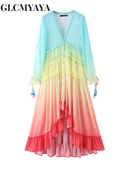 GLCMYAYA, Богемные праздничные платья с радужным V-образным вырезом и длинным рукавом, модное свободное шифоновое длинное платье в складку с рюшами, летнее