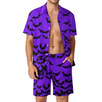 Just Bats, фиолетовые мужские комплекты пляжной одежды, комплект повседневной рубашки с милыми животными, Летние шорты, эстетичный костюм из 2 предметов, плюс размер 3XL