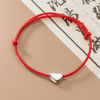 LAVIFAM, Гладкий браслет из красной веревки из стерлингового серебра 925 пробы, дизайн в национальном стиле, Маленькие украшения для рук в форме сердца