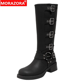 MORAZORA / 2023 Новые женские мотоциклетные ботинки из натуральной кожи с пряжкой, осенние сапоги до колена в стиле панк, женские рыцарские ботинки в стиле ретро