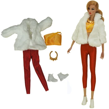 NK 1 комплект, кукла Queen Design Sense, Новый комплект: Благородное плюшевое пальто + Темпераментное ожерелье + Счастливые красные штаны для аксессуаров куклы Барби