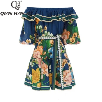 QHZ Дизайнерские модные пляжные платья с вырезом лодочкой для женщин 2023, летнее хлопковое платье с цветочным принтом в стиле ретро, элегантное праздничное платье с рюшами