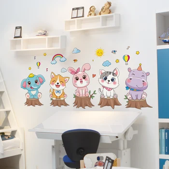 [SHIJUEHEZI] Наклейки на стену с мультяшными животными, креативные наклейки с изображением кошки, собаки, Кролика, Бегемота, для детских комнат, украшения детской спальни