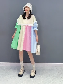 SuperAen 2023, Летнее Новое Корейское длинное платье-футболка, подходящее по цвету Милое мини-платье трапециевидной формы оверсайз.