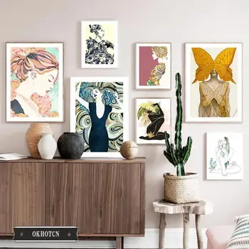 Абстрактный линейный рисунок Девушка Цветок Лист Бабочка Настенное искусство Холст Картина Винтажный модный плакат с рисунком для декора гостиной
