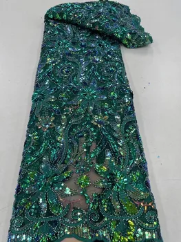 Африканское сетчатое кружево, ткань с блестками, роскошная Ручная вышивка бисером, тюлевые кружевные ткани для Нигерии, материал для пошива свадебного платья QF0737