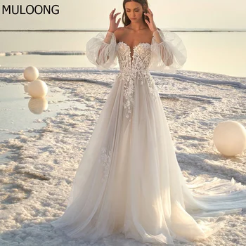 Белое кружевное платье MULOONG с аппликацией в виде сердечка, пышный рукав, Длинное свадебное платье трапециевидной формы, без спинки, длиной до пола, со шлейфом, новинка 2023 года