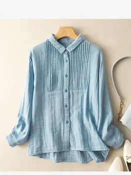 Блузка из мягкой хлопчатобумажной пряжи с отложным воротником и длинным рукавом в стиле ретро Lamprip 2022 Осенняя женская рубашка