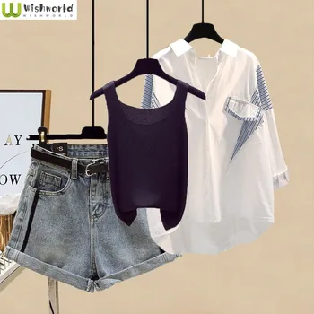 Весенне-летний женский костюм 2023 года, новая Корейская модная рубашка, повседневная майка, тонкие джинсовые шорты, комплект из трех предметов
