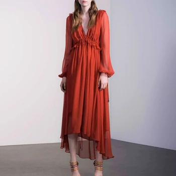 Винтажное длинное платье с V-образным вырезом и длинным рукавом неправильной формы 2023, Летнее элегантное шифоновое платье с оборками, Красное женское платье