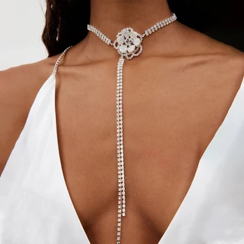 Винтажное ожерелье Y-образной формы с хрустальным цветком для женщин, роскошное колье-чокер с длинной кисточкой и стразами, ювелирные изделия для свадьбы в стиле бохо