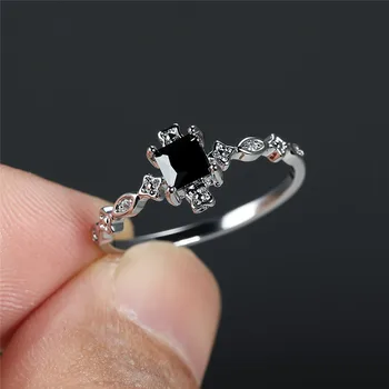 Винтажное тонкое кольцо с черным камнем, Квадратное обручальное кольцо с радужным кристаллом, Классические свадебные украшения серебряного цвета для женщин, подарки для новобрачных